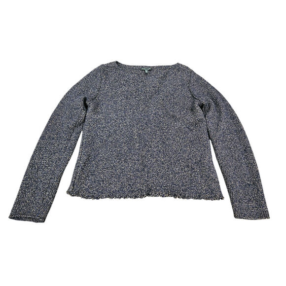 Eileen Fisher Woman's Wool Cotton Fringe Hem Sweater Bateau Neckline M Navy Blue - Picture 1 of 6